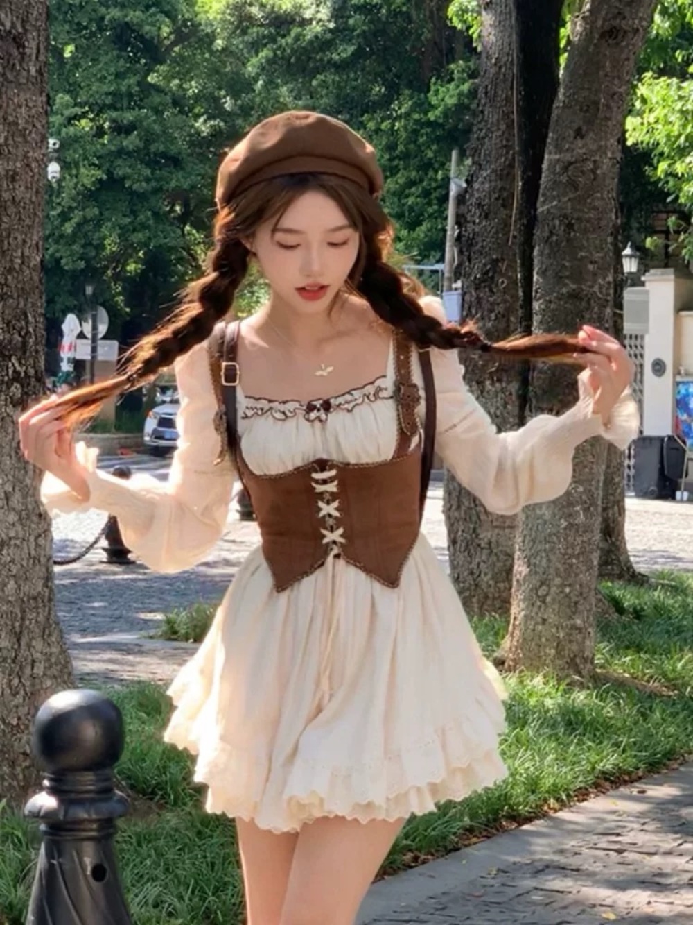 Korean fashion Boho Peasant Mini Dress with Brown Corset Vest